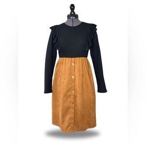 SHEIN Tween Girl Black & Brown Size 11-12Y Two Tone Long Sleeve RuffleTrim Dress